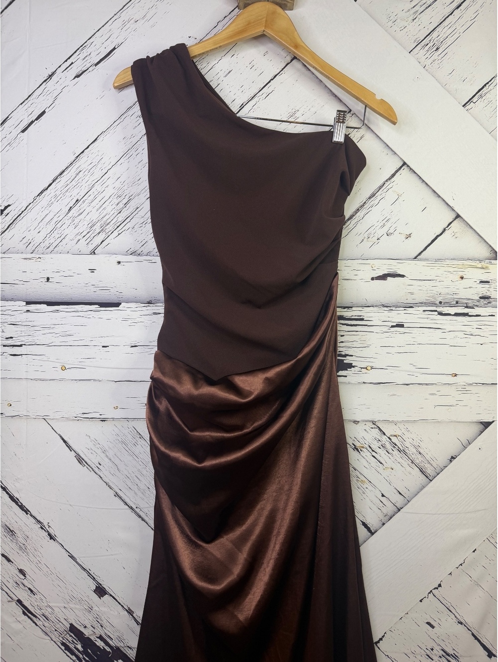 Vintage Glam One Shoulder Draped Satin Maxi Dress Mixed Media Women’s Small